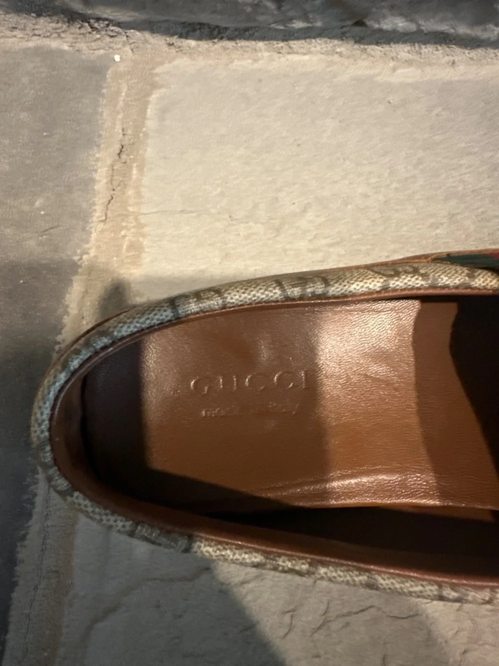 Authentic Gucci Men’s Brown Leather GG Supreme Web Driving Loafers Moccasin sz10